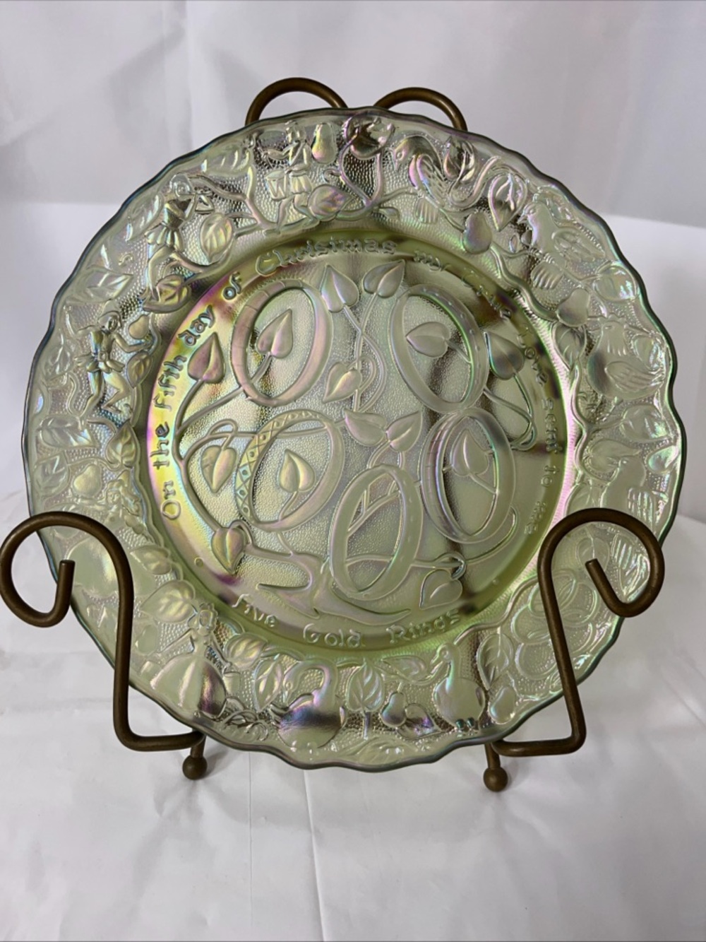 Iridescent Green Carnival Glass Decorative Plate